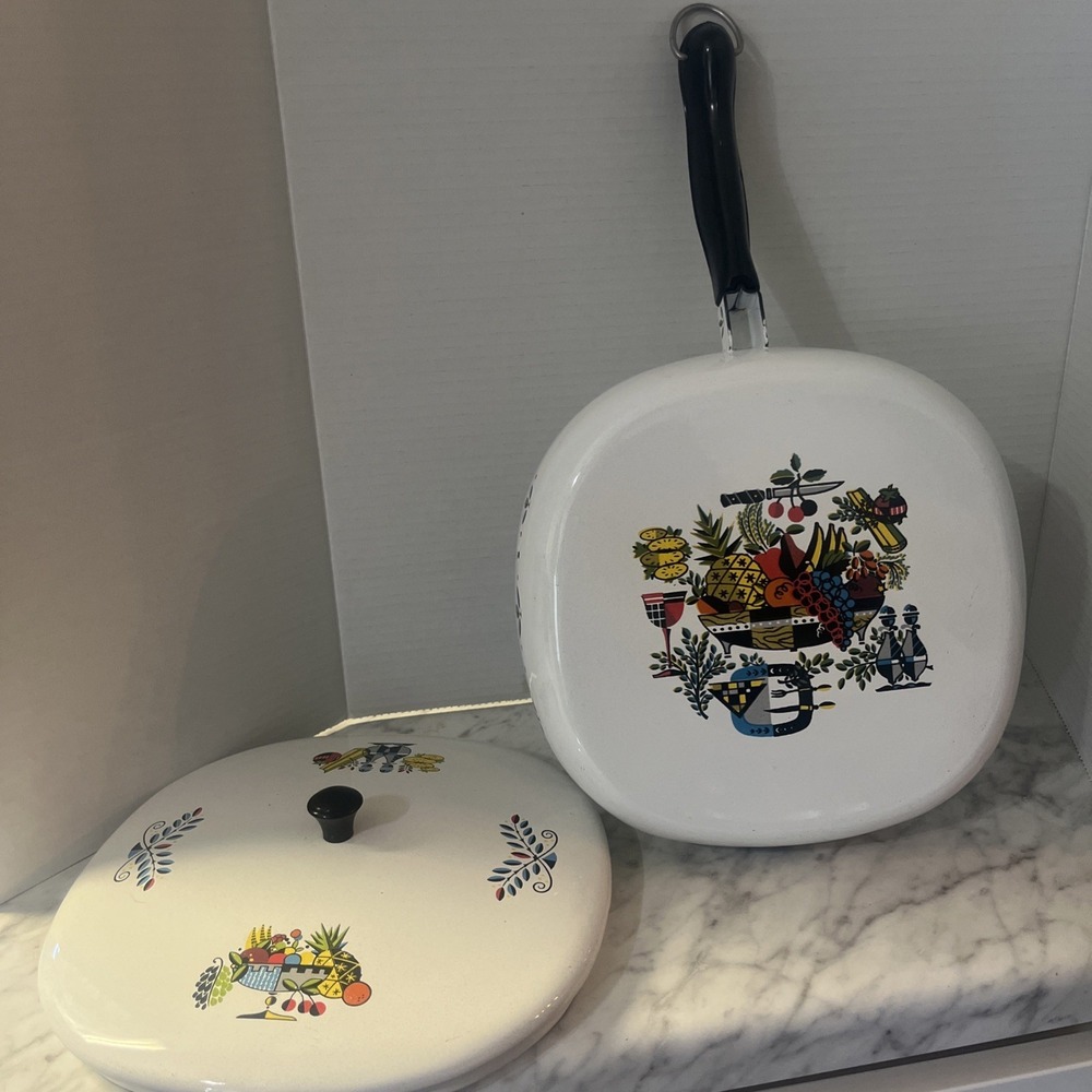 Vtg Skillet Frying Pan Berggren Enamel 8 "‎ Scandinavian Folk Art With Lid